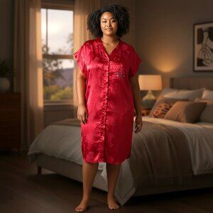 Inhibitions red night shirt gown medium, satin feel sleep shirt, button front